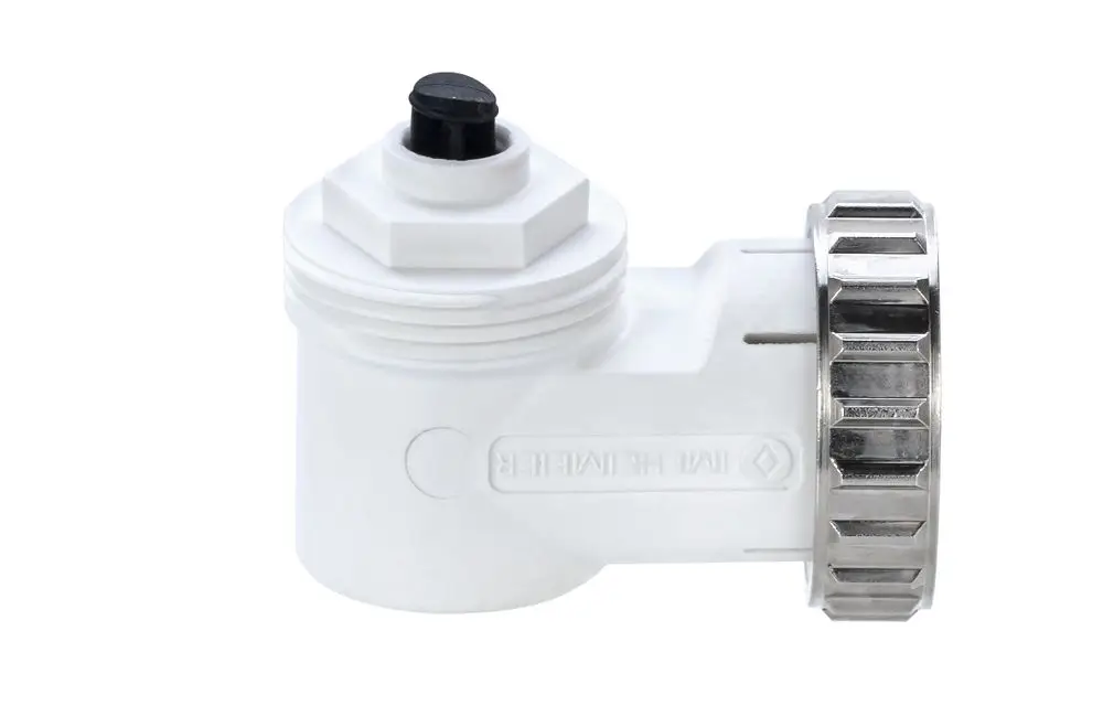 Weißer Winkelanschluss mit Metallgewinde, geeignet für Thermostat-Köpfe und Stellantriebe, hergestellt von IMI Hydronic Engineering.